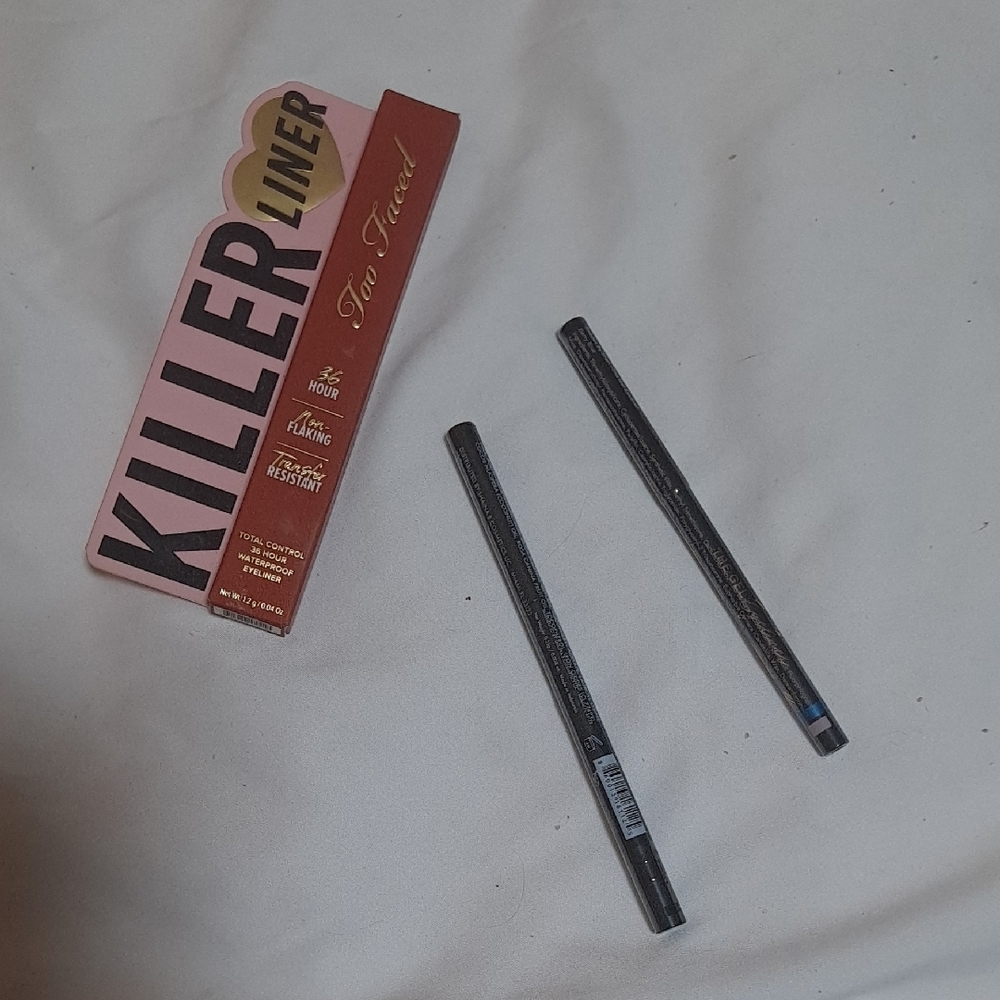 Too Faced Killer eyeliner in Gingerbread, plus two more liners in black and blue